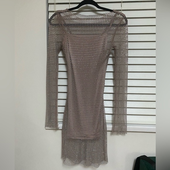 Beige Dynamite Mini Dress With Slip and rhinestone Netting - Picture 3 of 8